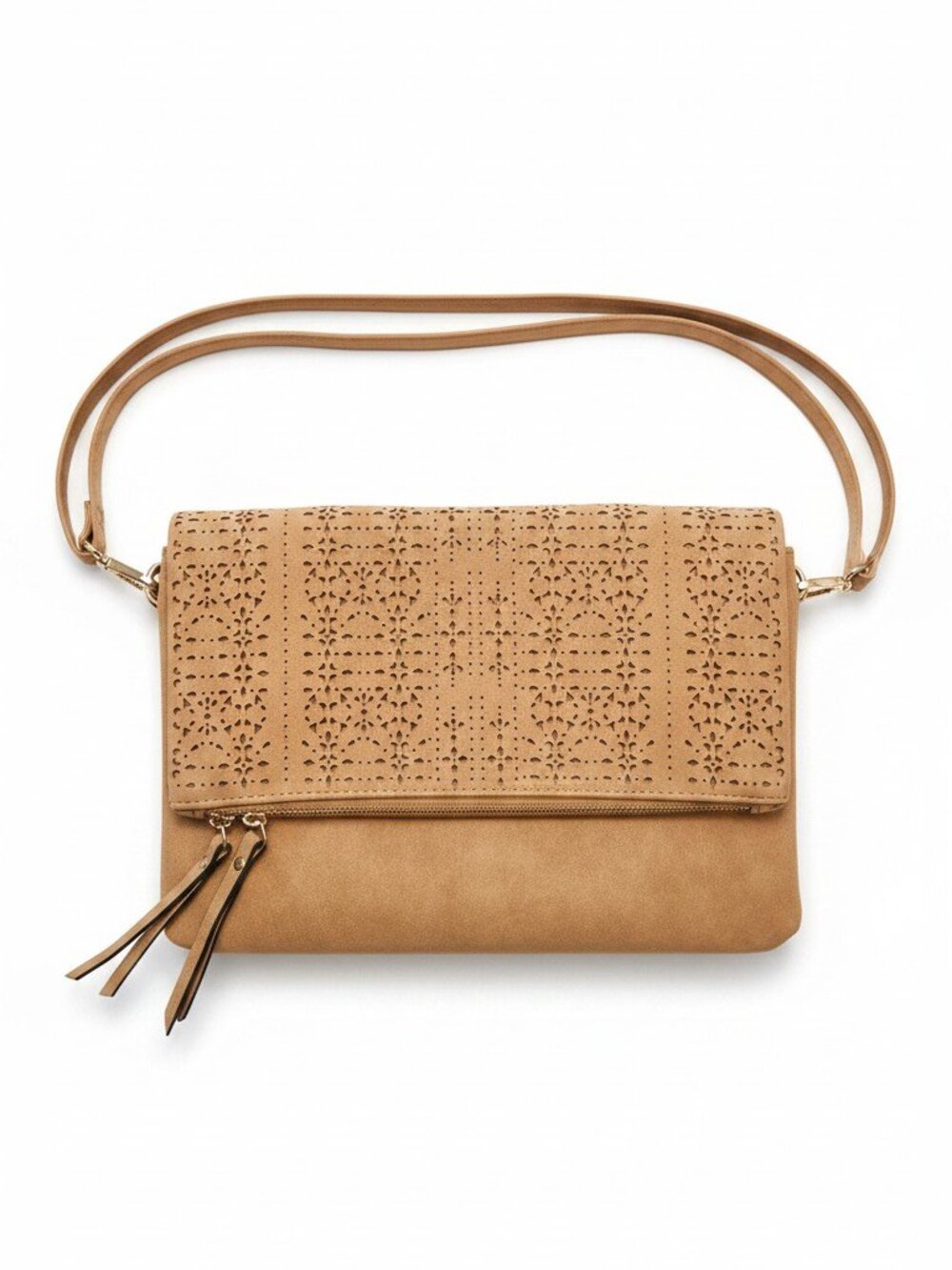 NYC Tan Laser Cut Crossbody Bag - Boho Mosaic Clutch Foldover Purse